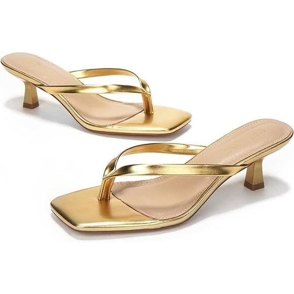Lullasong Womens Size 10 Shiny Gold 2.5" Heel Slide On Flip Flop Sandal Shoes - Picture 3 of 7